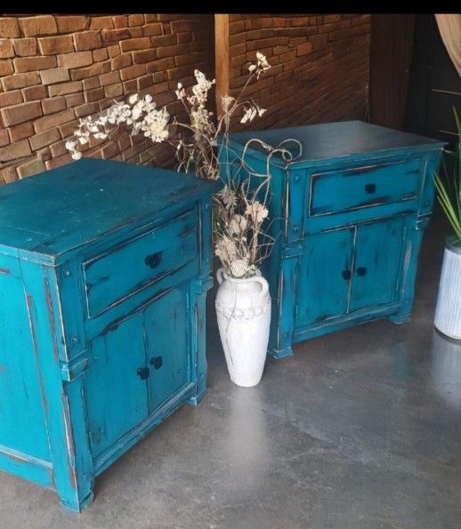 2 Night Stands Or End Tables Very Nice Re Done For Distressed Shaby Chic Apperance. Teal Color .very Good Condition. 