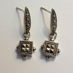 Vintage 925 Sterling Silver Marcasite Dangle Drop Pierced Earrings