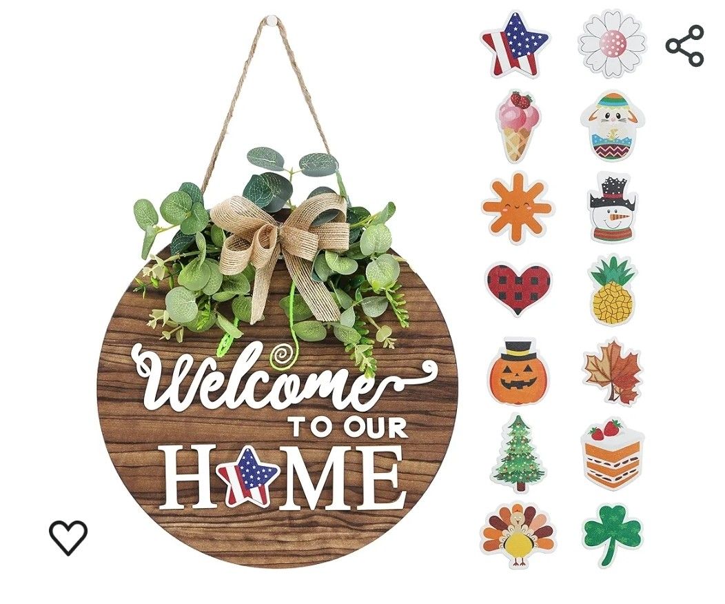 
Interchangeable Seasonal Welcome Sign Front Door Decoration, Rustic Round Wood Wreaths Wall Hanging Outdoor, Farmhouse, Porch, for Spring Summer Fall