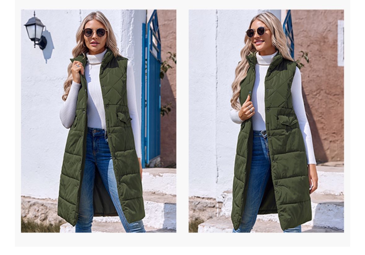 Women's Long Puffer Vest Cotton Stand Collar Button Sleeveless Puffy Jacket Outerwear