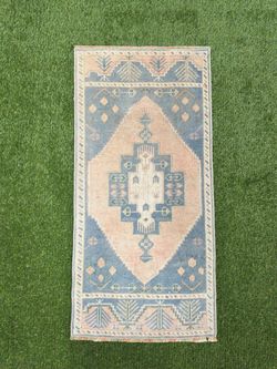 VINTAGE Turkish Oushak Rug, Faded Peach Blue Geometric Wool Rug, Distressed Medallion Area Rug, Boho Small Accent Rug 1.8x3.6 Ft
