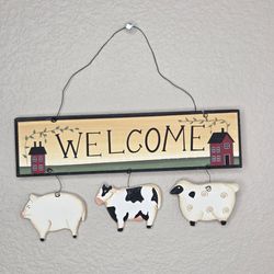 Primitive Folk Art Country Farmhouse Welcome Sign Barn Animals