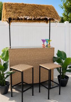 Outdoor Tiki Bar Set with Widen Hula Thatched Shade(48" L), 3-Piece Wicker Outside Tiki Bars with 2 Stools, Hawaiian Style Beach Outside Bars for Pati