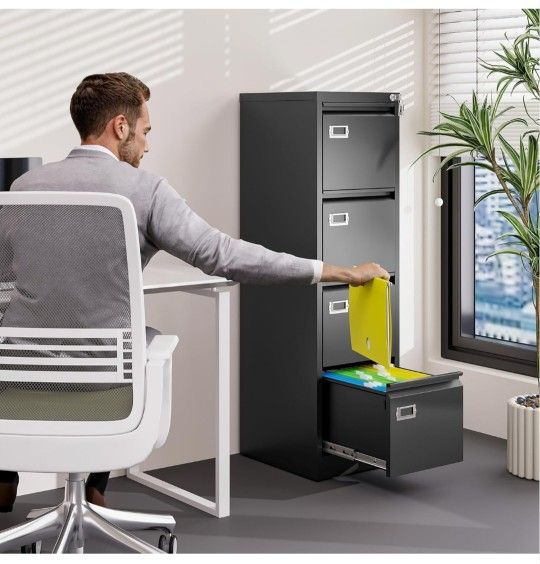 4 Drawer File Cabinet with Lock Metal Vertical File Cabinet Office Home Vertical File Cabinet for A4 Legal/Letter Size Narrow File Cabinet Locked,