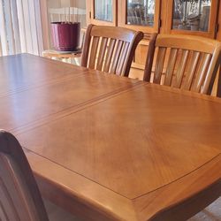 Wood Dining Table, 5 Chairs and Hutch