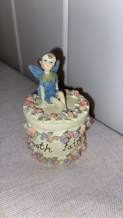 90s DEZINE vintage Tooth Fairy box boy blue  pixie figurine floral trim round trinket