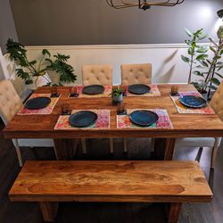 Solid Wood Dining Table With Bench And 4 Chairs 