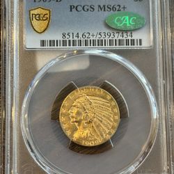 1909-D $5 Indian Gold Half Eagle – PCGS MS62+ CAC – Pre-1933 Gold