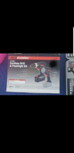 New - Drillmaster Tool kit with flashlight kit - new in box, retails $40.00 - New Drill Master 18 volt 3/8 Cordless drill/driver and flashlight kit
