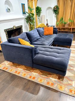 Article Blue Velvet Chaise Sofa with Ottoman