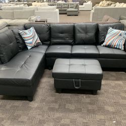 Black Leather Sectional W/ Storage Ottoman 