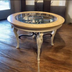 Rare Round-Glass Table Accent Or Kitchen Nook Table With Horse Carved Legs And Light Wood Finish 