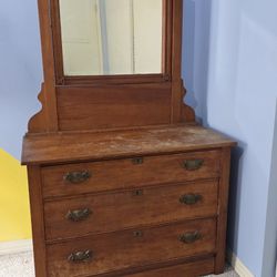 Antique Wood Dresser & Swivel Attached Mirror, Drawers Lock, Dovetail Joints 