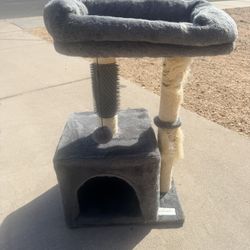 Hapineko 27” Grey Cat Tree Stand with Bed and Scratch Post