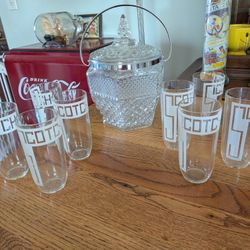 Mid Century 1950s Set Of 8 Art Deco Scotch Glasses With an MCM  Anchor Hocking Wexford Ice Bucket Barware