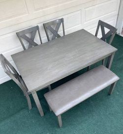 6-PC GRAY FINISH DINING SET (DINING TABLE, (1 PADDED BENCH AND AND 4 PADDED CHAIRS)