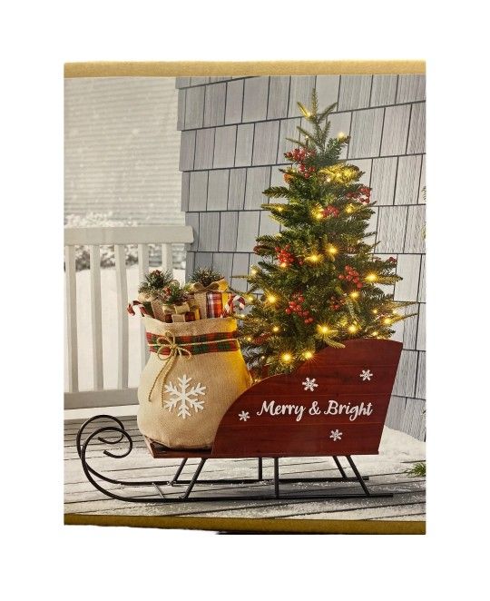 ✨️ $85 W378 Member's Mark 70 Warm White LED Pre-Lit Wooden Sleigh with Topiary, 46"