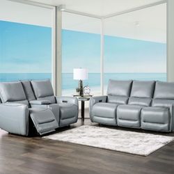 Brand New Pale Blue Top Grain Leather Match Power Reclining Sofa And Love Seat