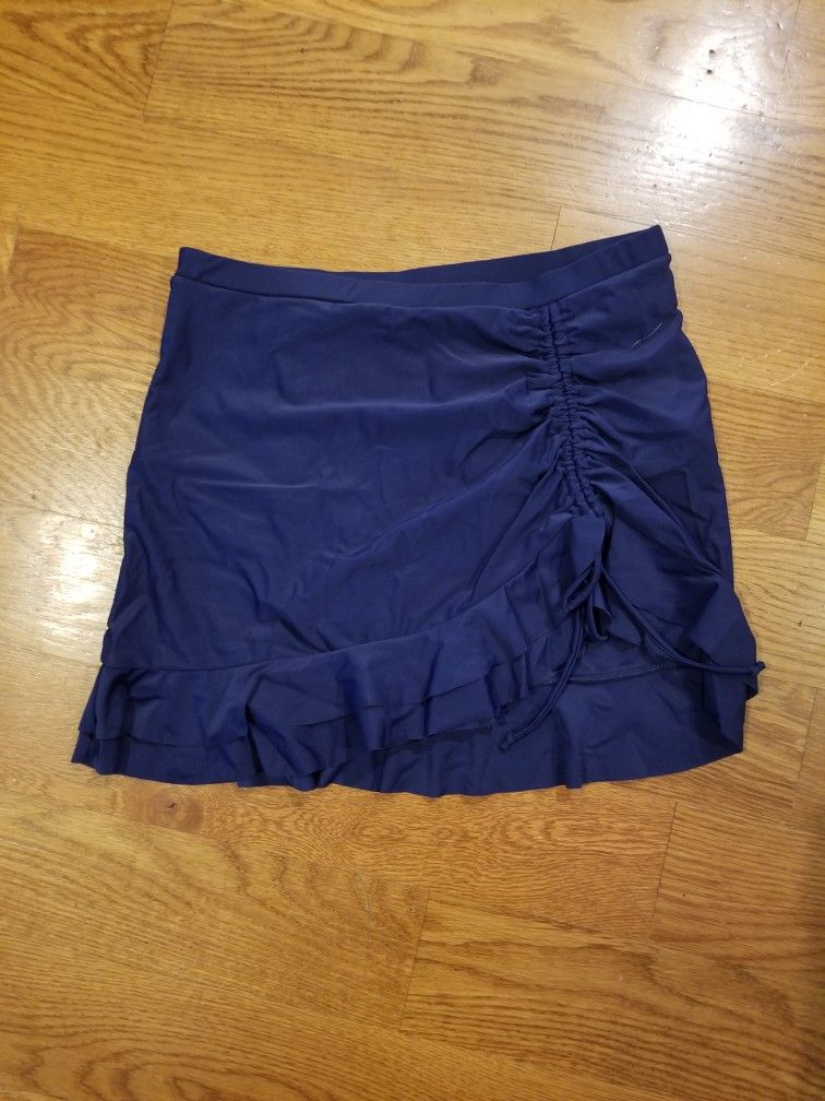 NWT SHEKINI High Waisted Swim Bottoms Ruffle Skirt Side Drawstring, Navy, Size L