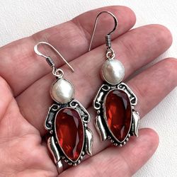 Stunning Natural Pearl & Garnet Silver 2” Drop Earrings