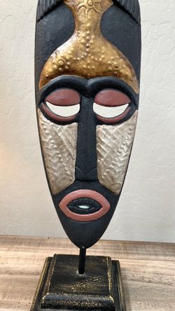 Decorative African-Style Tribal Mask Sculpture on Stand (19" Tall)