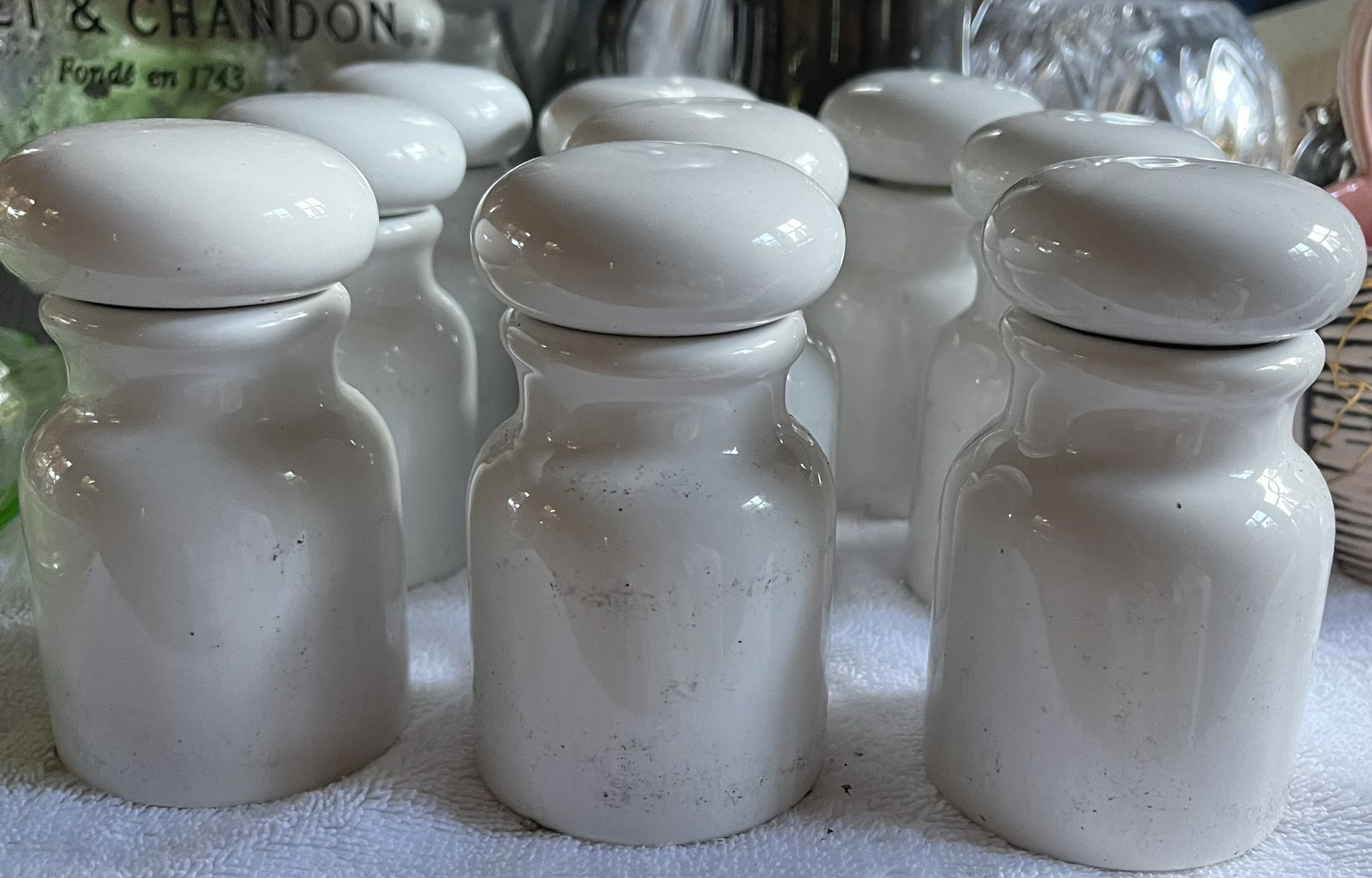 Belgian Vintage Mid Century 1960s White Milk Glass Continental Apothecary Bottles