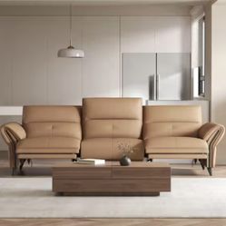 112.5-in. wide 40.1-in. deep dual motor recliner, Orange recliner, with adjustable headrest and USB port