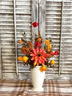 Ht-17in width-12in HANDMADE Artificial Fall floral / fillers I a white ceramic vase