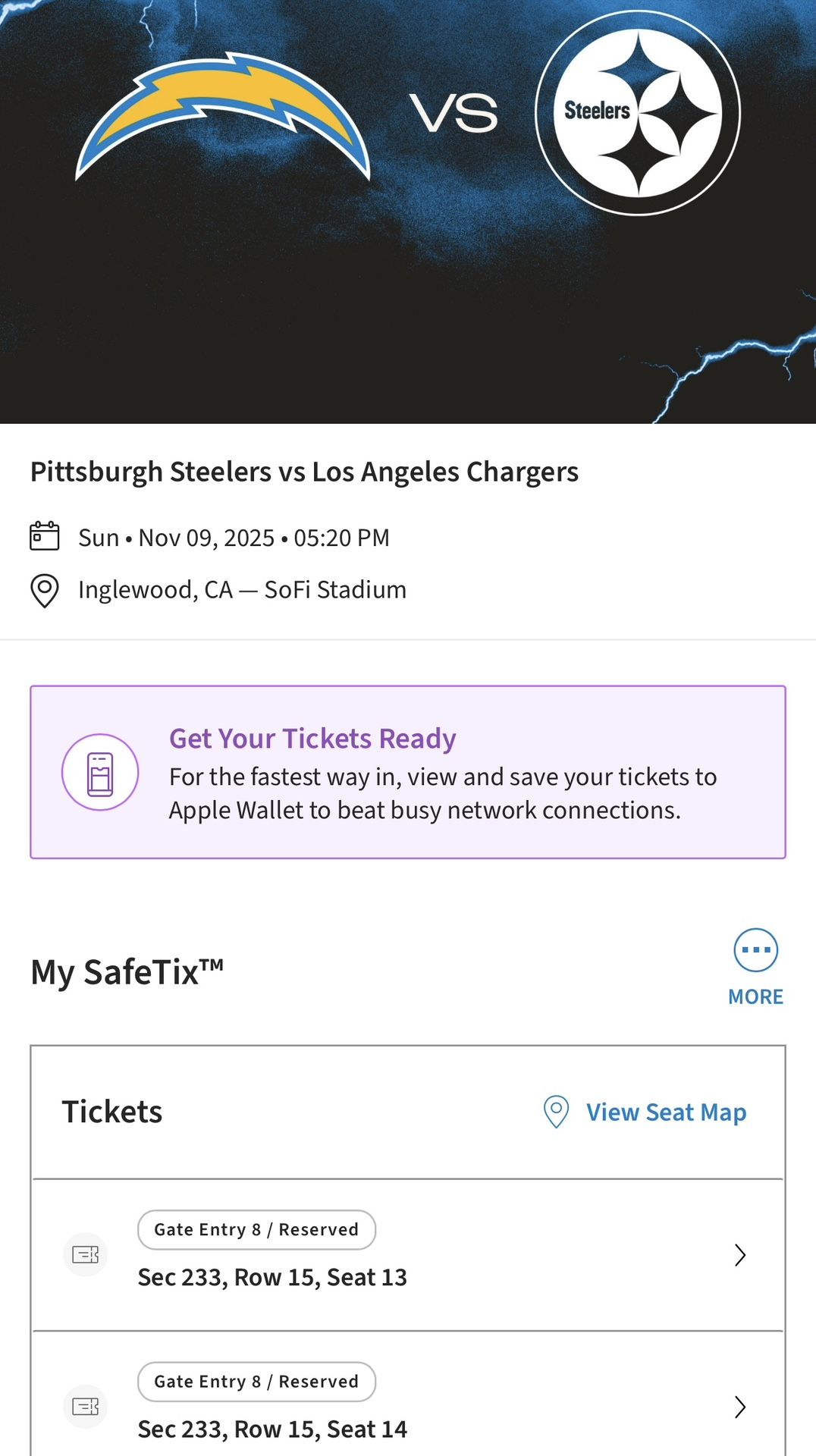 🏈 Chargers vs Pittsburg Steelers – 2 Tickets – Nov 9, 2025@ Sofi Stadium 🏟️