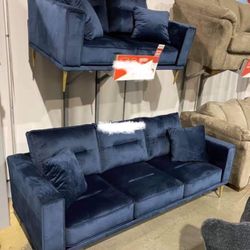 ✨ Navy Blue Velvet Modern Sofa & Loveseat ✨ 2 Piece Living Room Set💥 Brand New💯 In Stock ✅