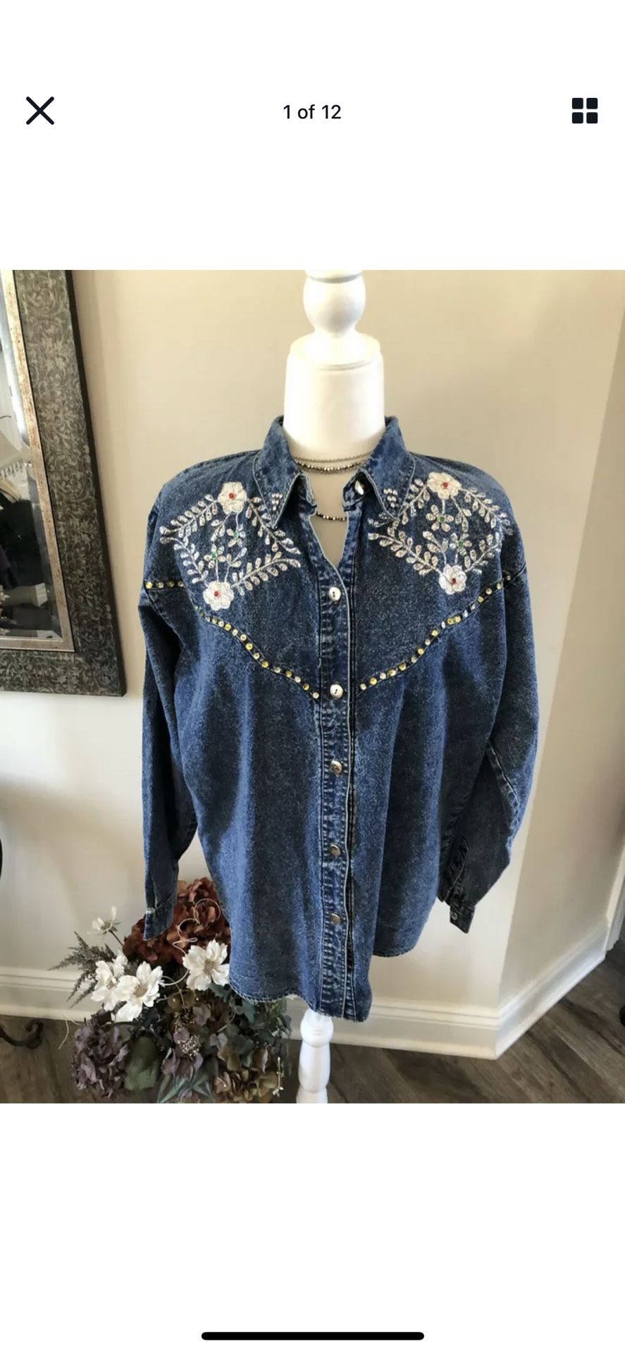 NEW  Embroidered Beaded Long Sleeve Jean Shirt by Traditional Value Size M NWT's