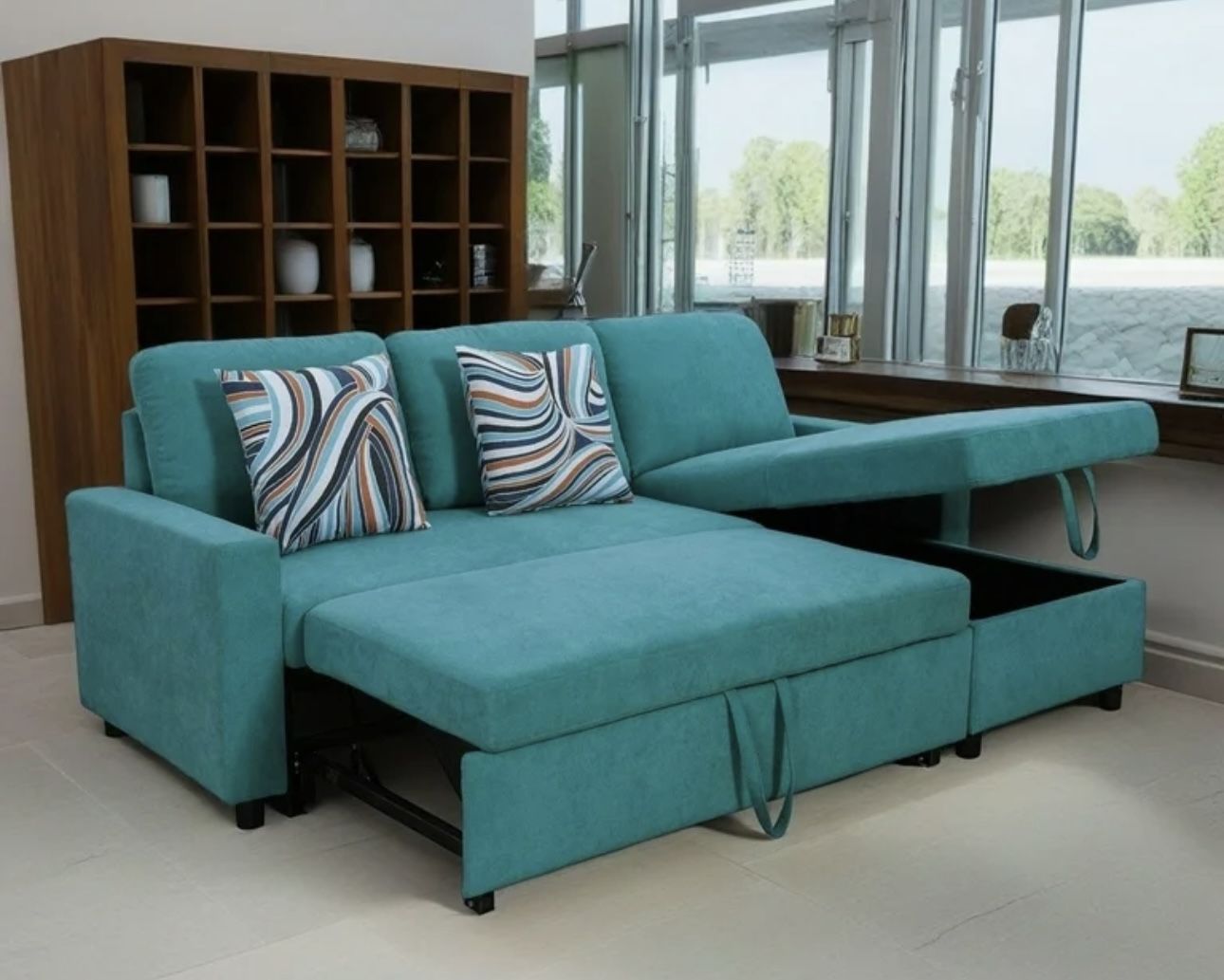 Blue Chenille Microfiber Sectional Sleeper Sofa Pull Out Couch 
