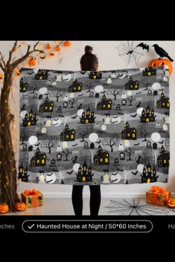 New Halloween Haunted House Bats Cat Graveyard Blanket 