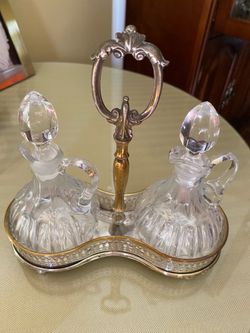 Olive/vinegar crystal bottles with silver plated handle