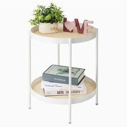 All Metal Side Table, 2 Tier Anti Rust Small Table with Imitation Rattan Pattern on Removable Trays for Living Room, White Round Nightstand for Bedroo