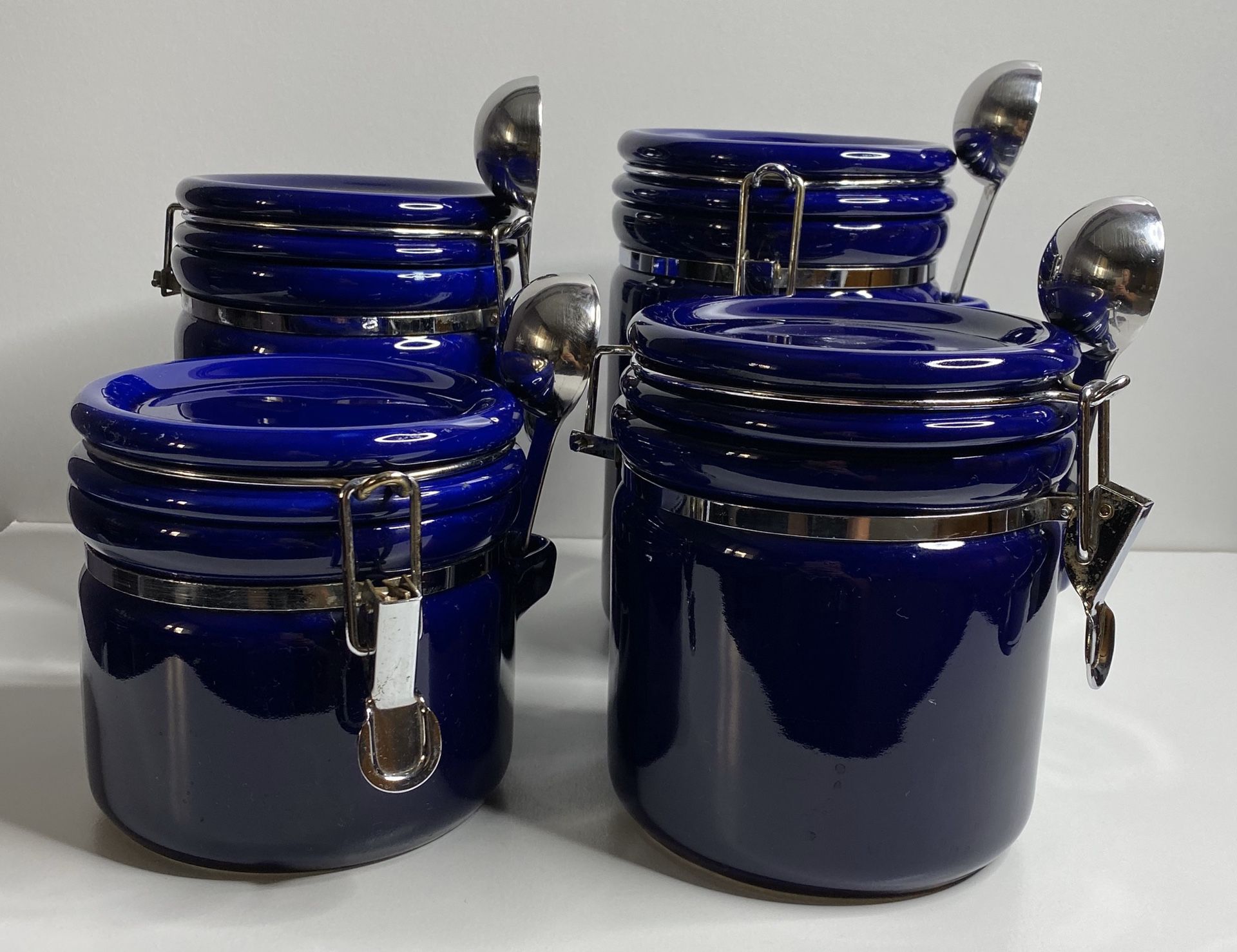Oggi Cobalt Blue Ceramic Canister Wire Bail Locking Lid & Stainless Spoon Set 4 
