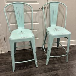 Pair Of Teal, Distressed Look Counter Stools From Wayfair