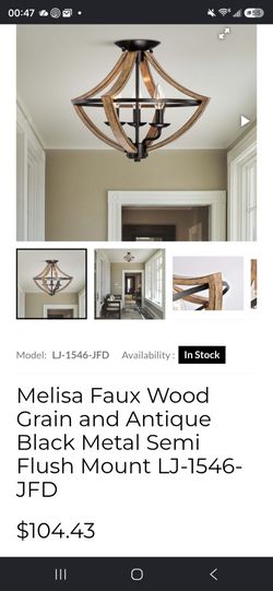 Faux Wood Grain and Antique Black Metal Semi Flush Mount chandelier