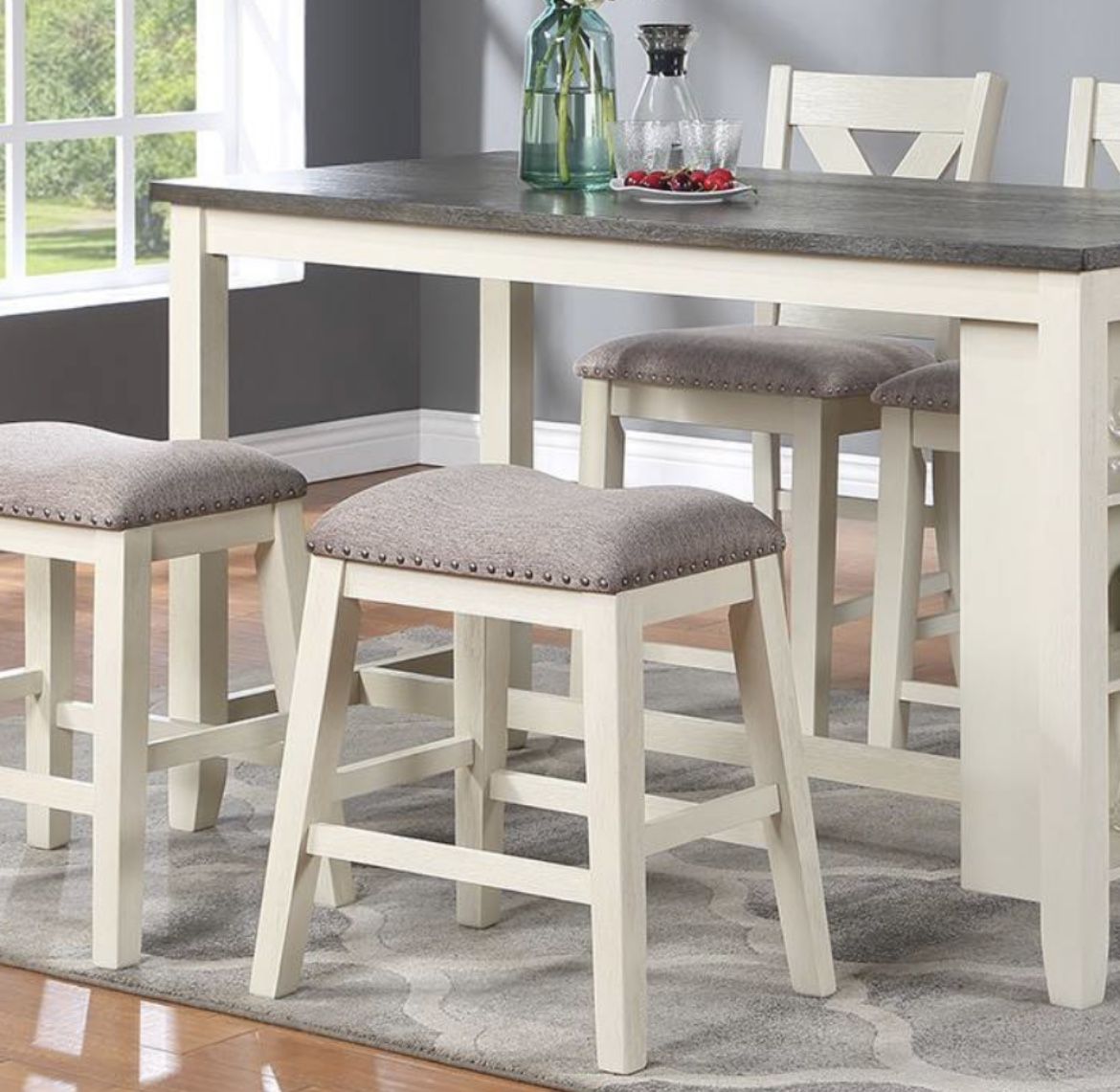 5 Piece Counter Height Dining Set Includes Table 2 Chairs And 2 Stools Color Off White Table Has Storage Shelves Firm Price $499
