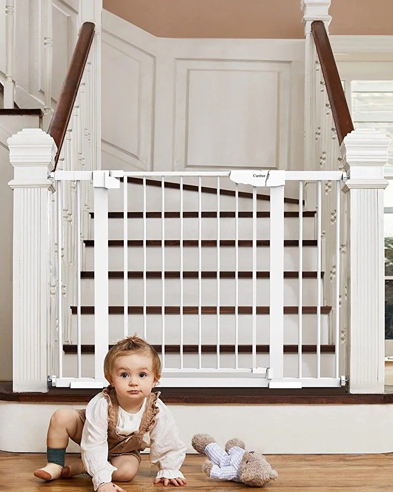 Cumbor 29.5-46" Auto Close Baby Gate for Stairs, Easy Install Pressure/Hardware Mounted Dog Gates for The House Indoor