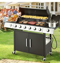 MELLCOM Upgraded 60,000 BTU Stainless Steel Burner Barbecue Grill, 6 Burner BBQ Propane Gas Grill with Side Stove & Cast Iron Grates for Patio, Campin