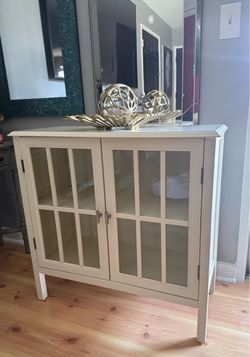Portland Glass Two-Door Cabinet MDF, Metal, Wood Material Painted Finish (Antique White)
