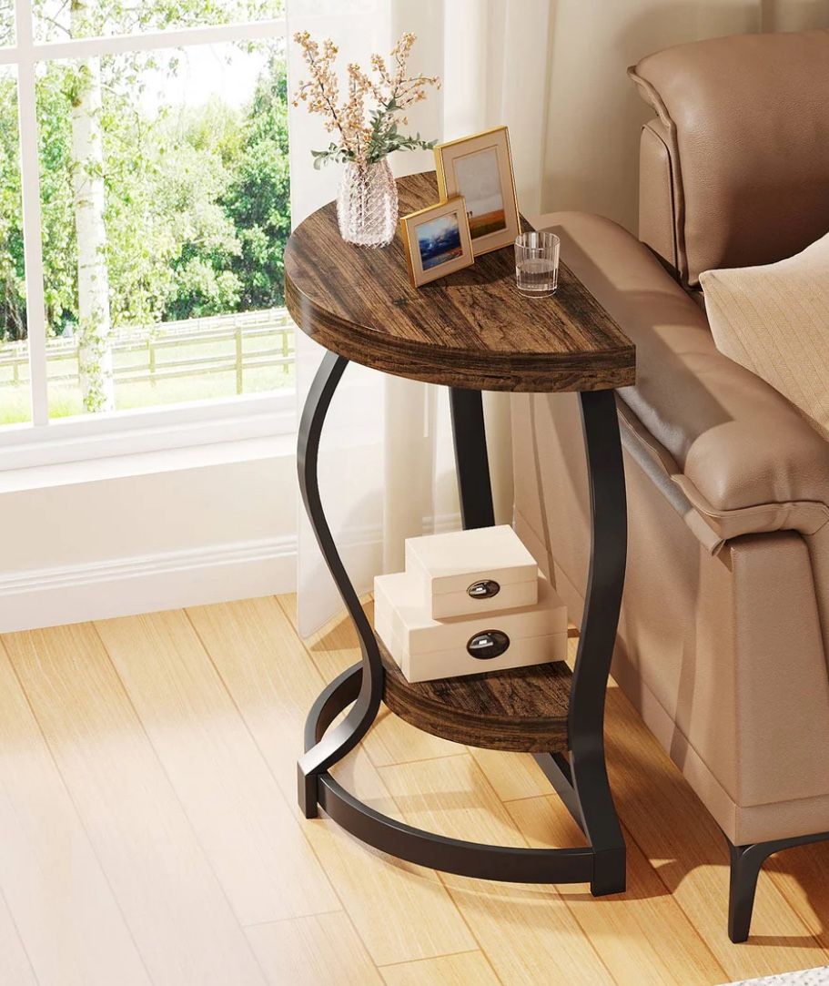 Half-Round End Table, Side Table with 2-Tier Shelves