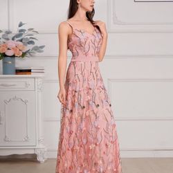 Long Floral Embroidery Dress for Women Flower Embroidered Maxi Dress Spaghetti Straps Formal Evening Party Tulle