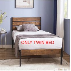 VECELO Twin Bed Frame with Wood Rustic Headboard, Easy Assembly Strong Metal Slats Support, No Box Spring Needed