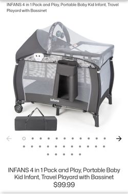 INFANS 4 in 1 Pack and Play, Portable Travel Baby Playard with Bassinet, Changing Table, Canopy, Mosquito Net, Hanging Toys, Music Box, Storage Bag, L