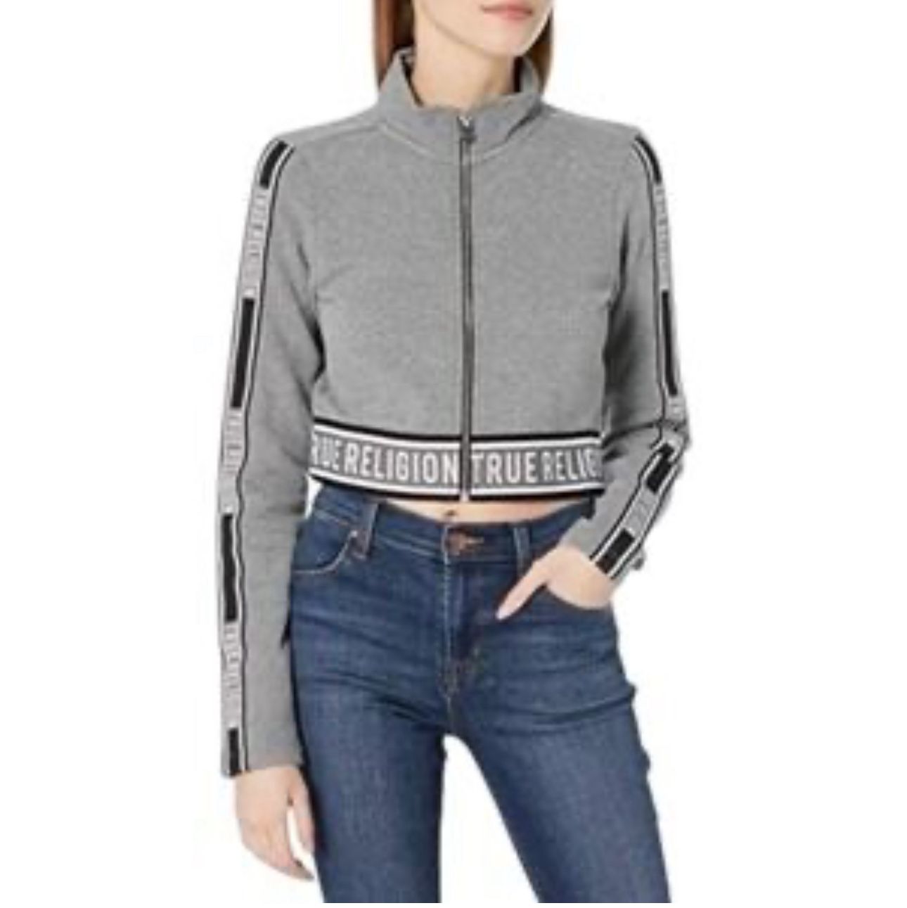 True Religion Woman’s Track Jacket Crop Full Zip Size XL Gray Spell Out Stripe