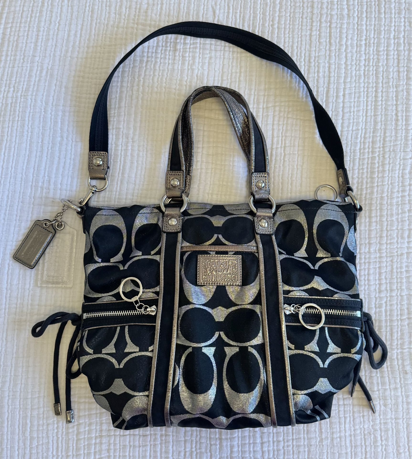 Coach Metallic/Signature Shoulder Bag (with Silver Logo & Purple Interior) 
