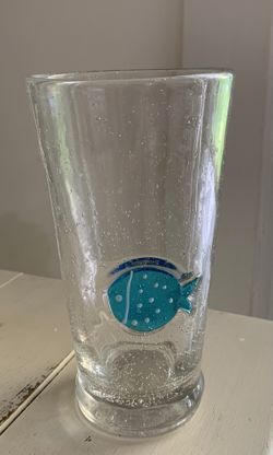Beautiful 6” Blown Bubbles Clear Glass Tumbler with Blue Glass Fish Appliqué