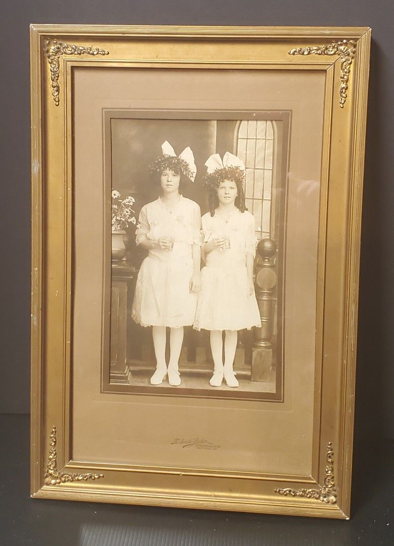 Antique 1920 Sisters Portrait Photograph Framed Kirkness Studio Baltimore MD 18"